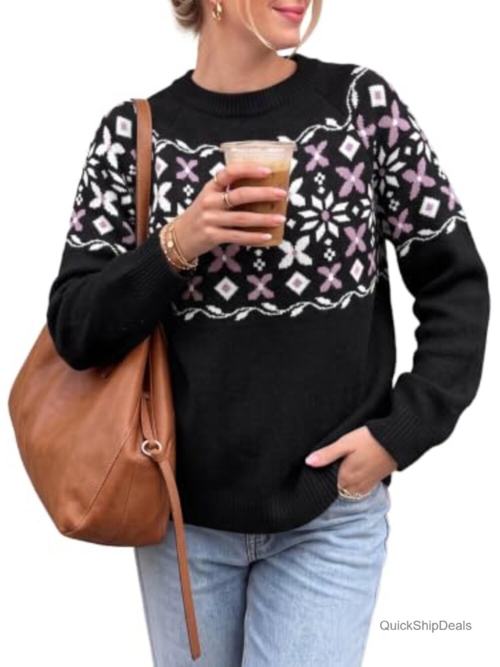Fair Isle Patterned Knit Pullover Sweater Long Sleeve Crew Neck